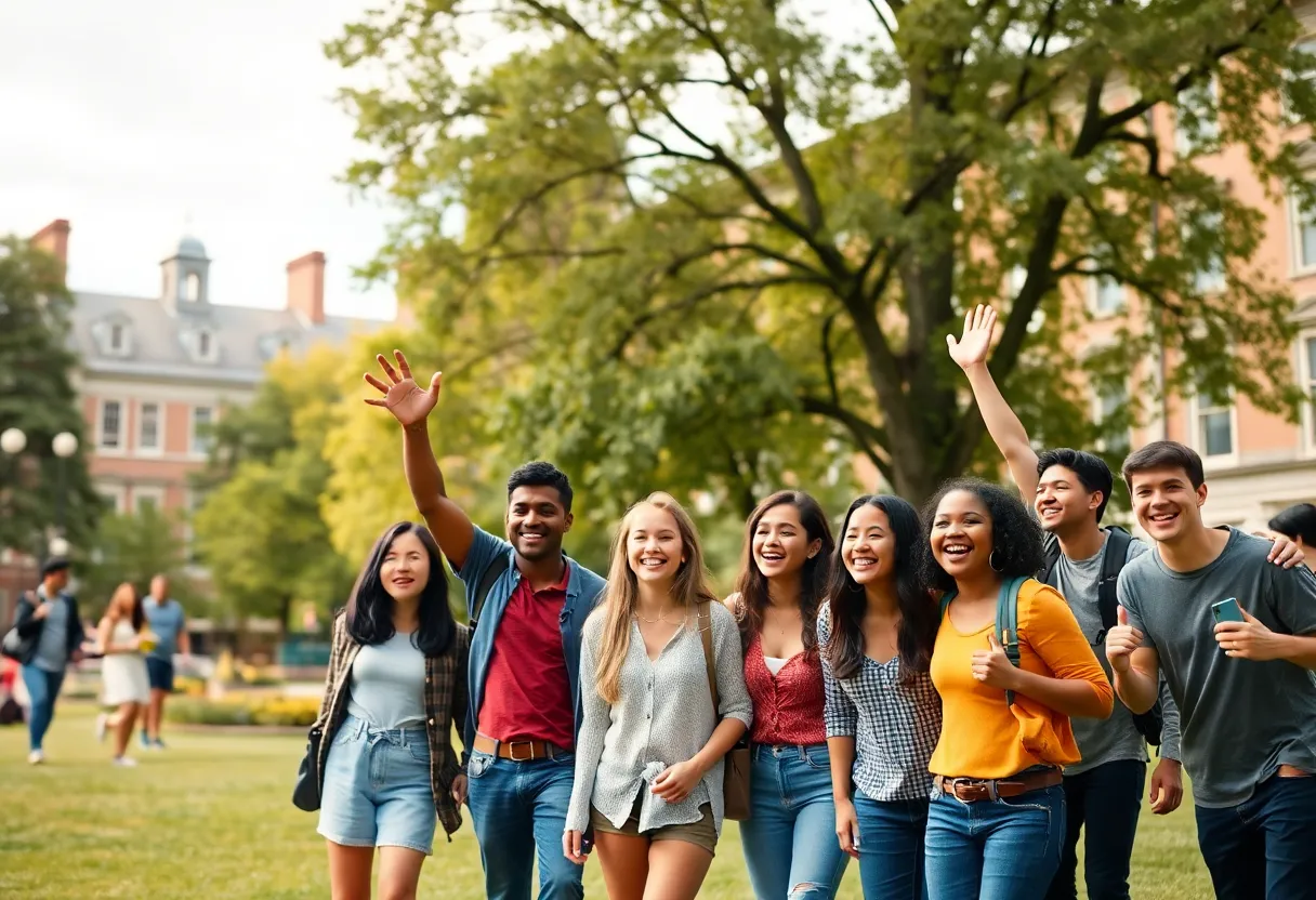 Students celebrating on campus after Harvard's tuition-free announcement.