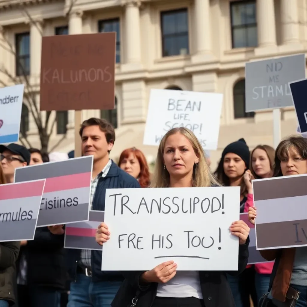 Protesters advocating for transgender rights outside the Iowa State Capitol