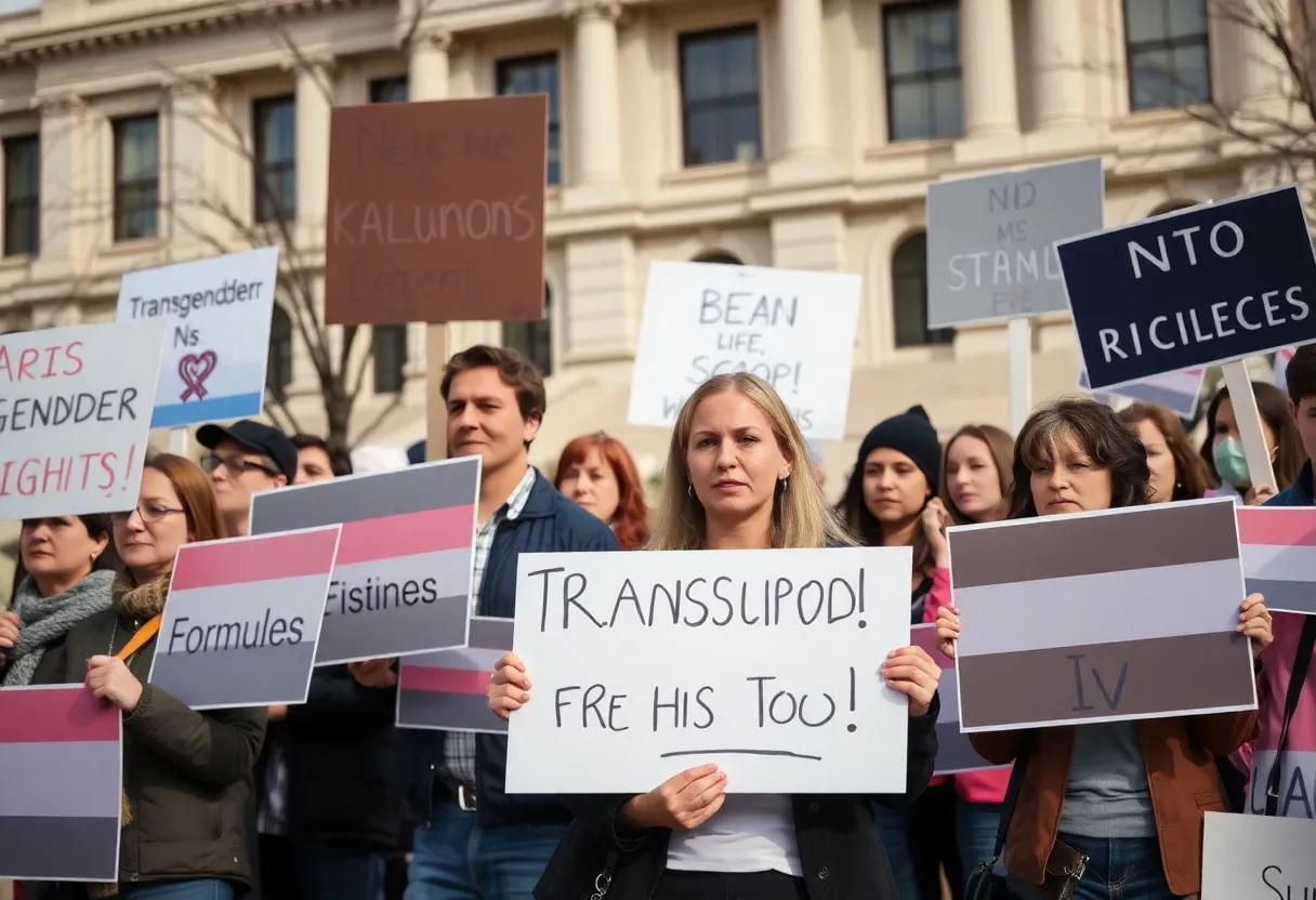 Protesters advocating for transgender rights outside the Iowa State Capitol