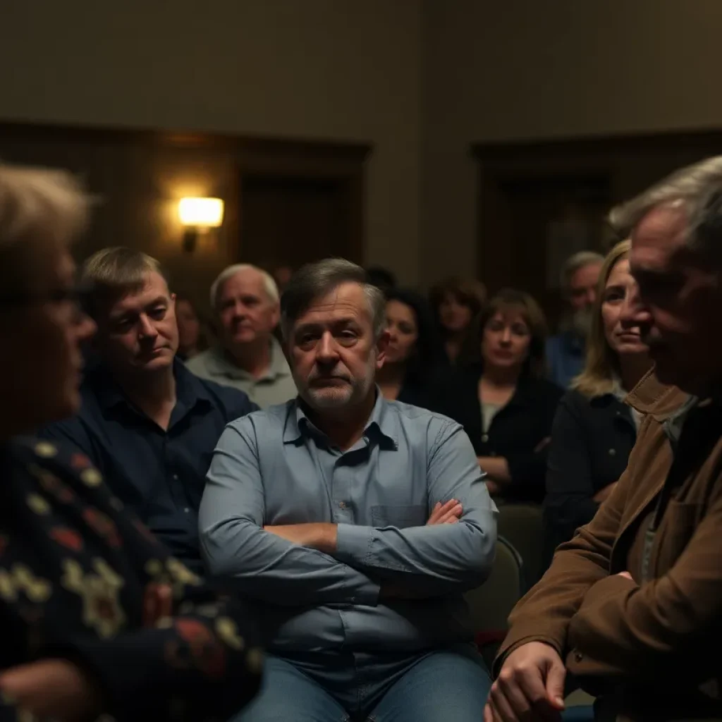 Community members at a town hall meeting discussing serious allegations