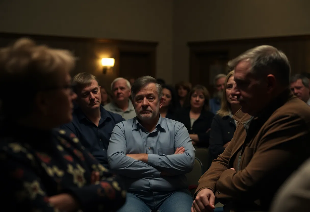 Community members at a town hall meeting discussing serious allegations