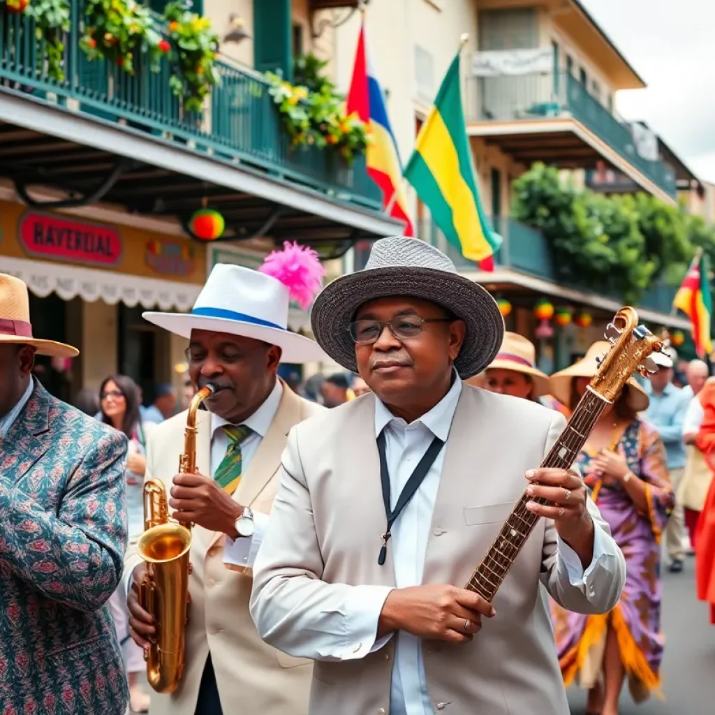 A vibrant New Orleans-style parade during the Joye in Aiken music festival.