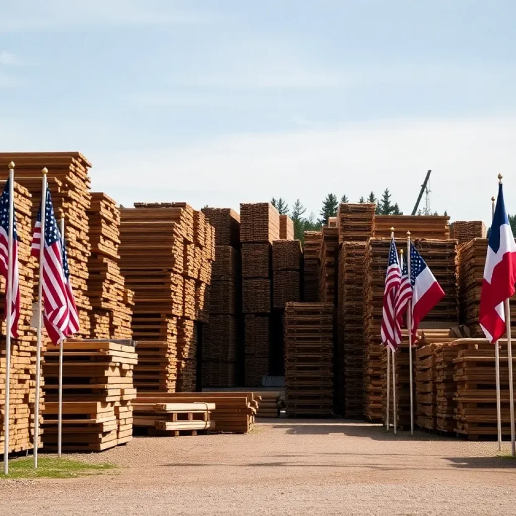 Lumber yard with various stacks, symbolizing U.S. lumber trade