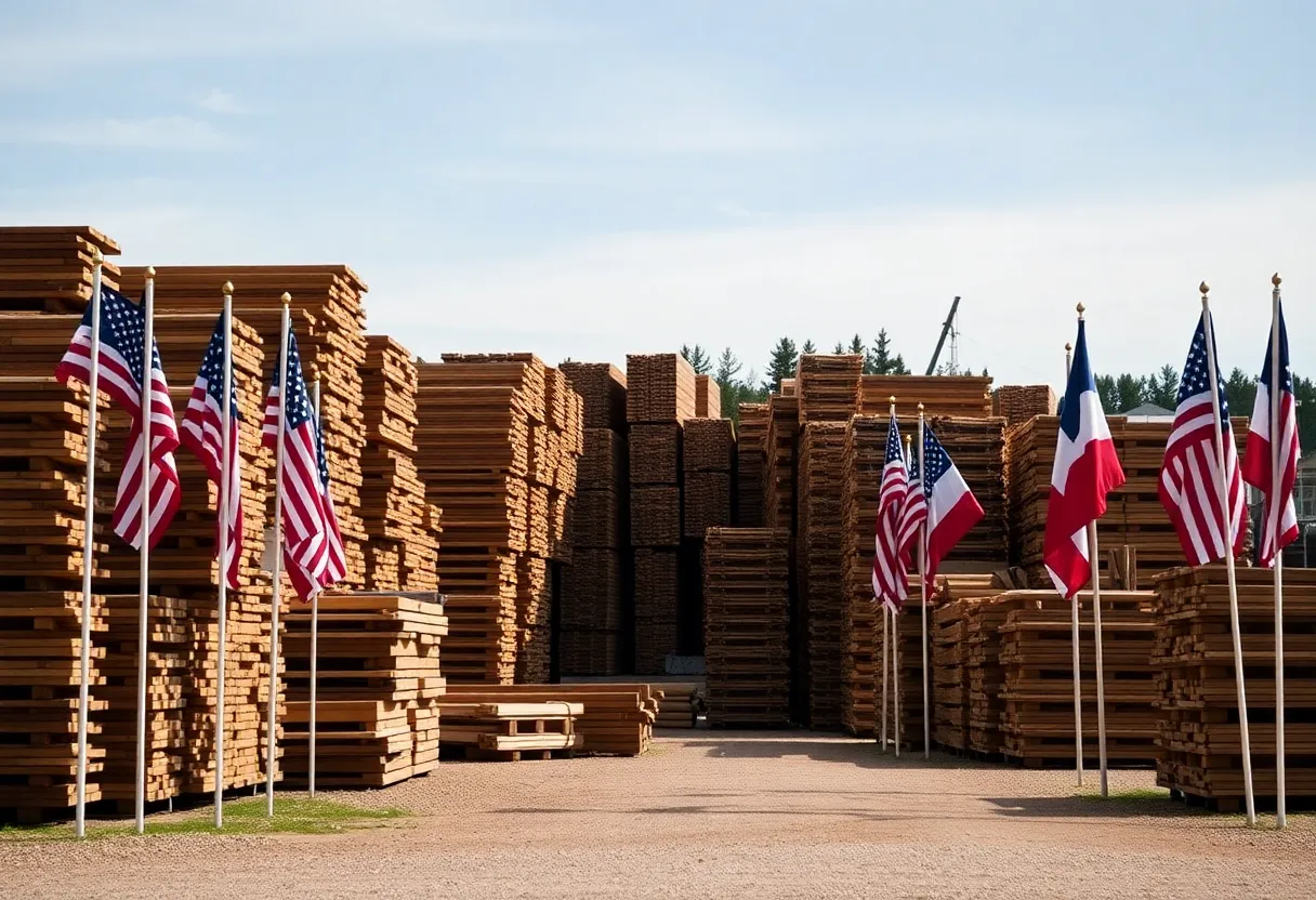 Lumber yard with various stacks, symbolizing U.S. lumber trade