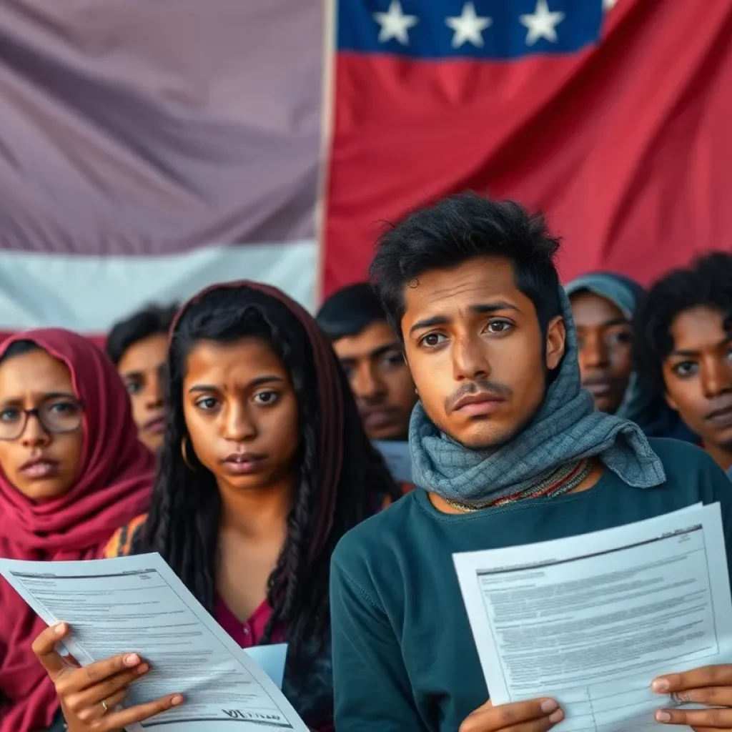 Diverse group of migrants expressing concern about recent immigration policy changes.