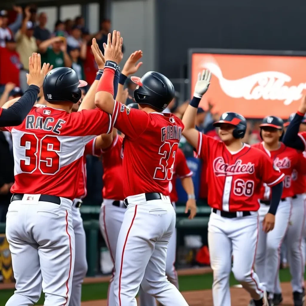 Newberry Bulldogs cheering after winning a baseball game