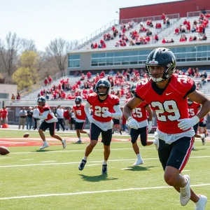 Newberry College football players practicing on the field during spring training