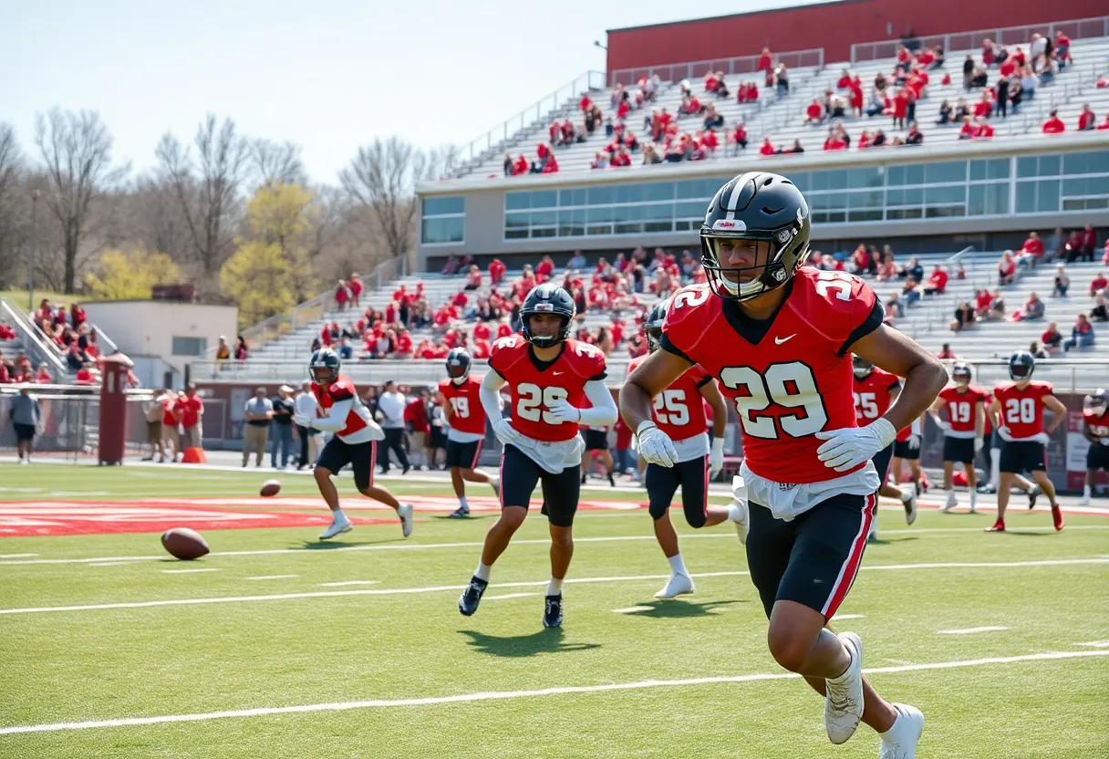 Newberry College football players practicing on the field during spring training