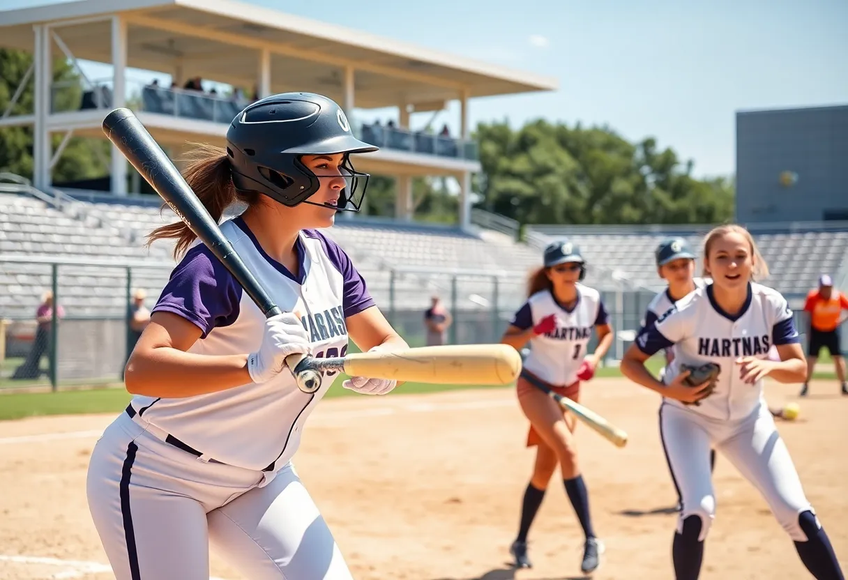 Action shot of Newberry College women's softball team in a tournament.