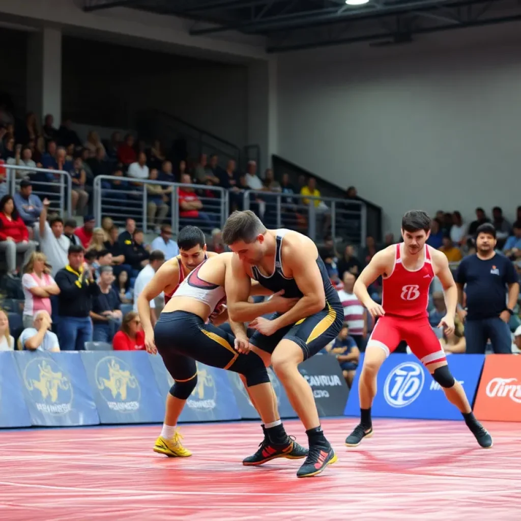 Newberry College wrestlers competing on the mat