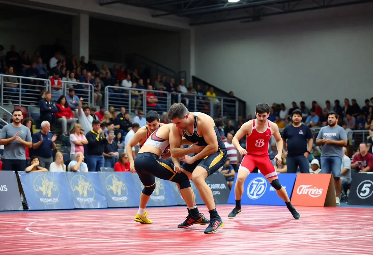 Newberry College wrestlers competing on the mat