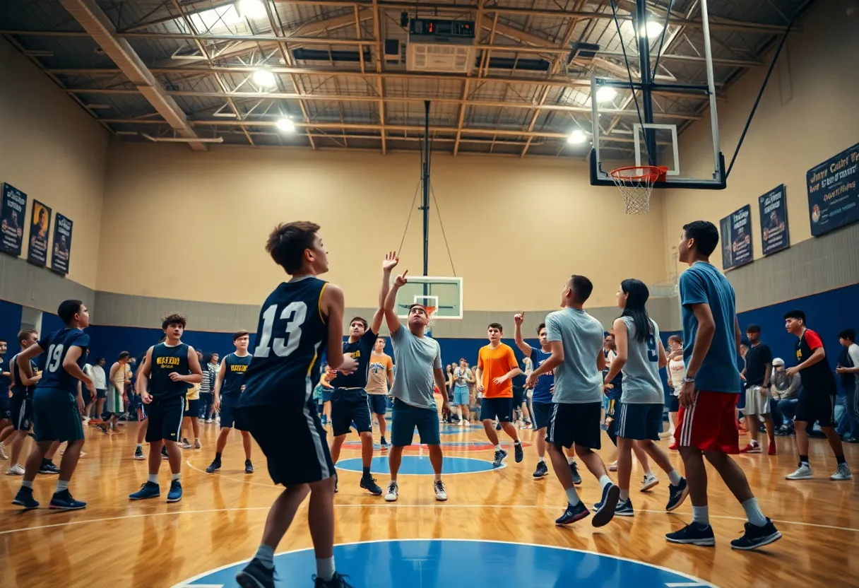 Young athletes celebrating on a basketball court