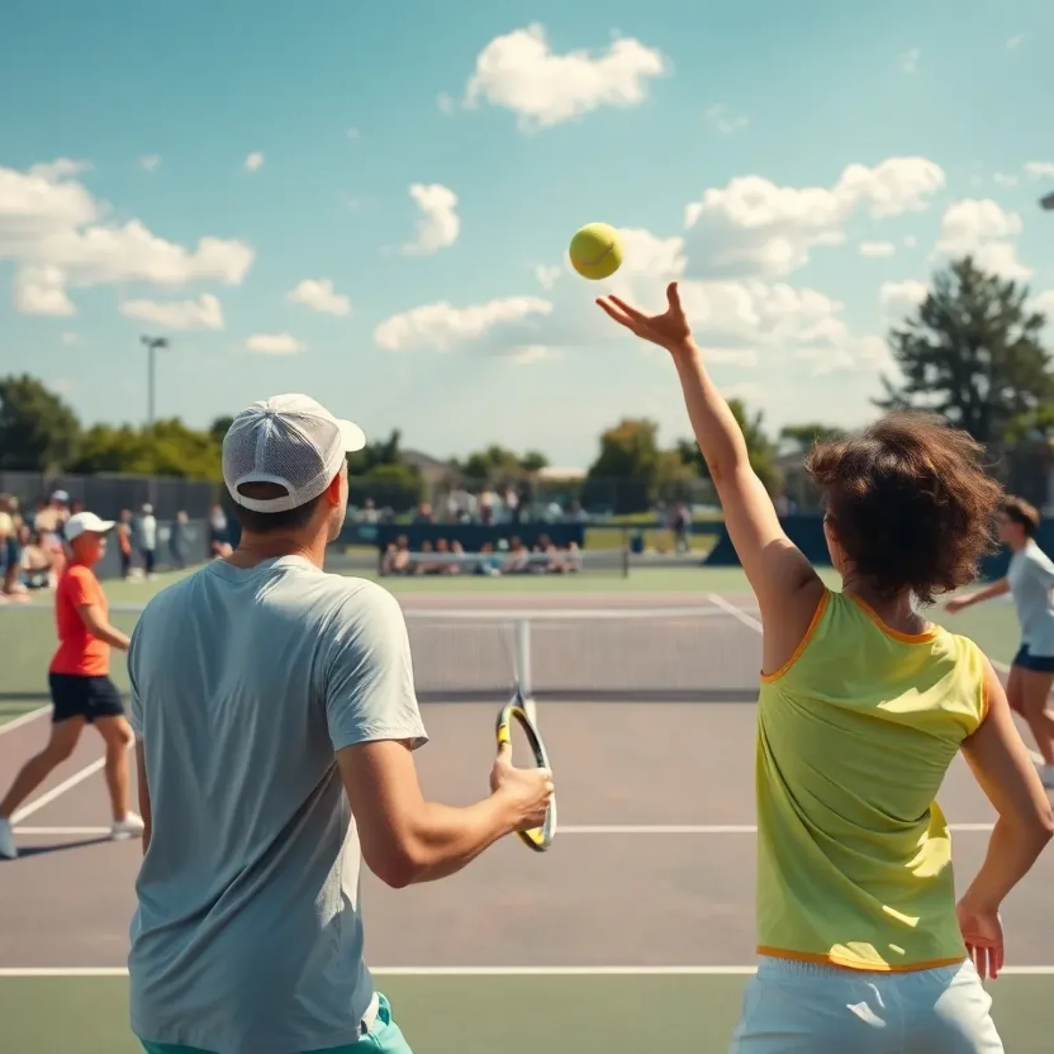 Action shot of a tennis match with players competing on the court.