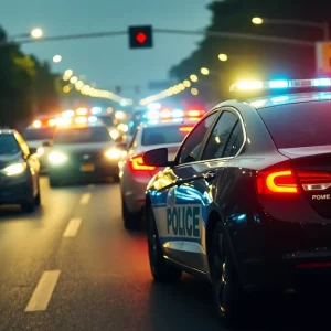 Police vehicles with flashing lights involved in a chase in South Carolina.