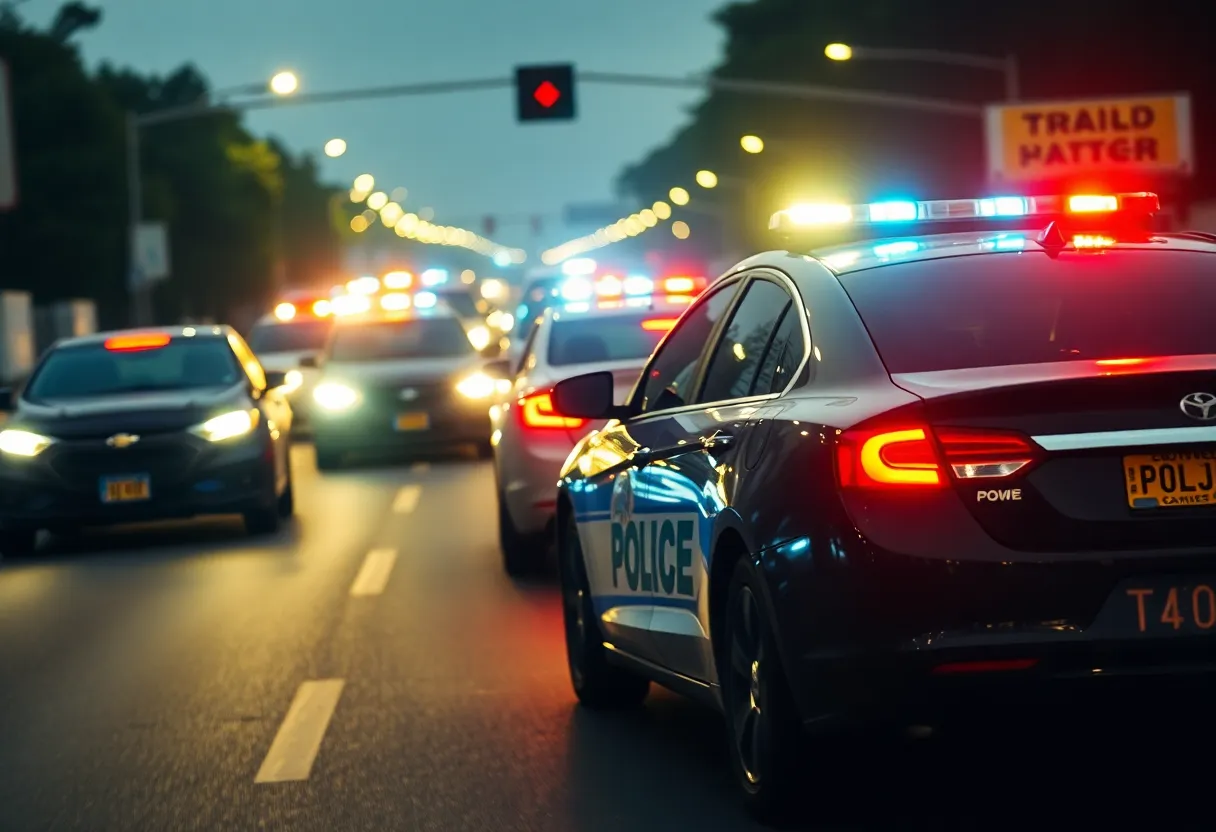 Police vehicles with flashing lights involved in a chase in South Carolina.