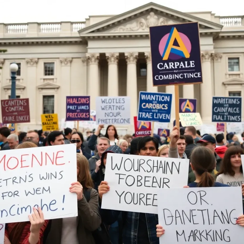 Crowd of protesters with signs outside a government building