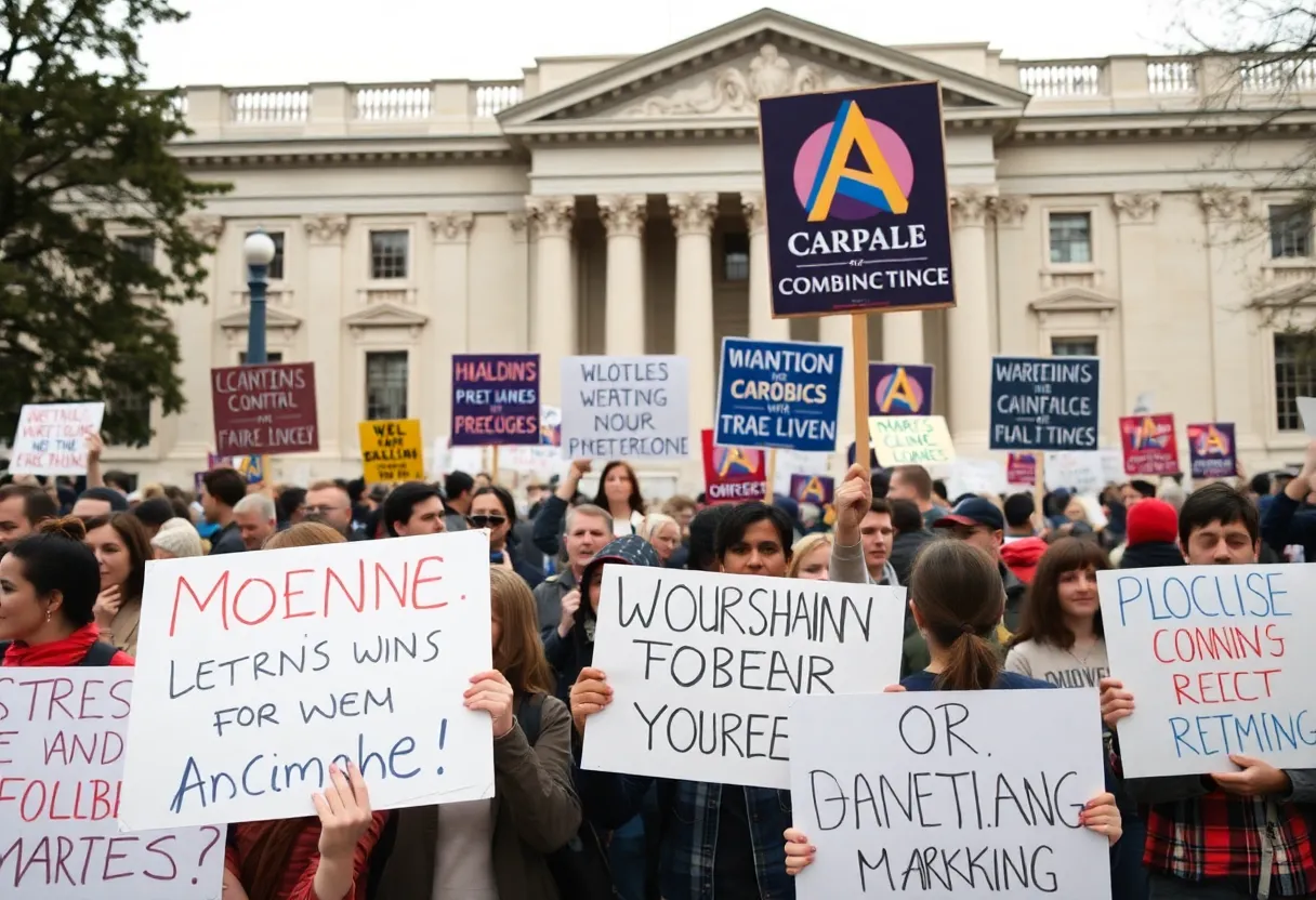 Crowd of protesters with signs outside a government building