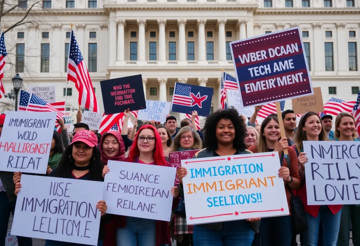 People protesting against the revocation of legal status for migrants