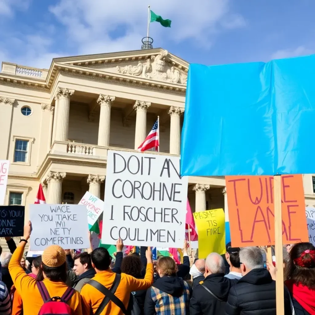 Activists protesting for change in leadership outside a government building