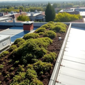 A combination of reflective roof coatings and vegetation on a rooftop for heat management.