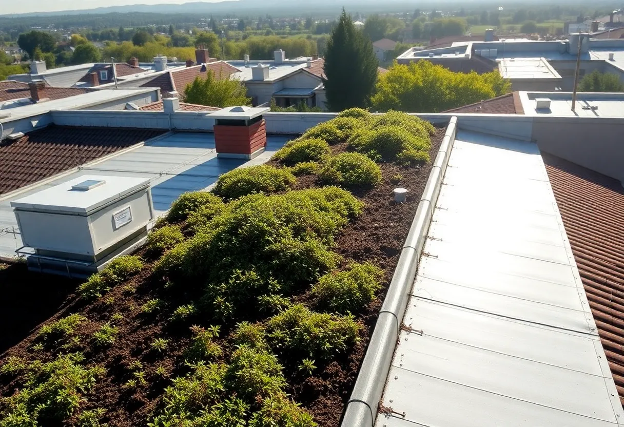 A combination of reflective roof coatings and vegetation on a rooftop for heat management.