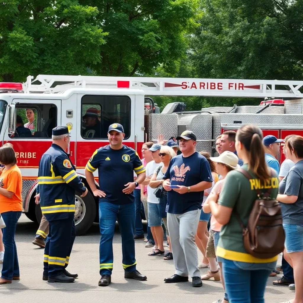 Community members gathering to support firefighters with a fire truck in the background.