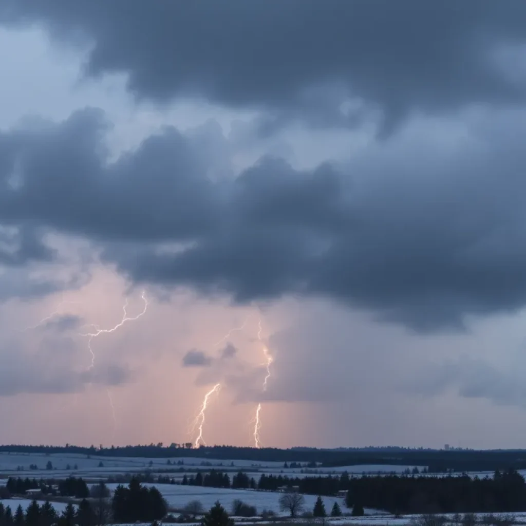 A landscape affected by severe weather including heavy snow and thunderstorms.