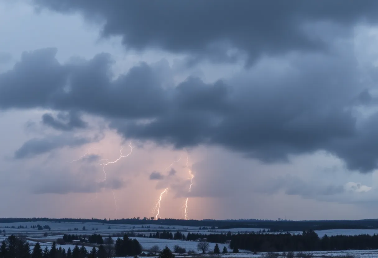 A landscape affected by severe weather including heavy snow and thunderstorms.