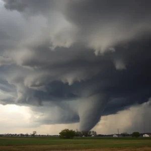 Severe storm with tornado in a rural area