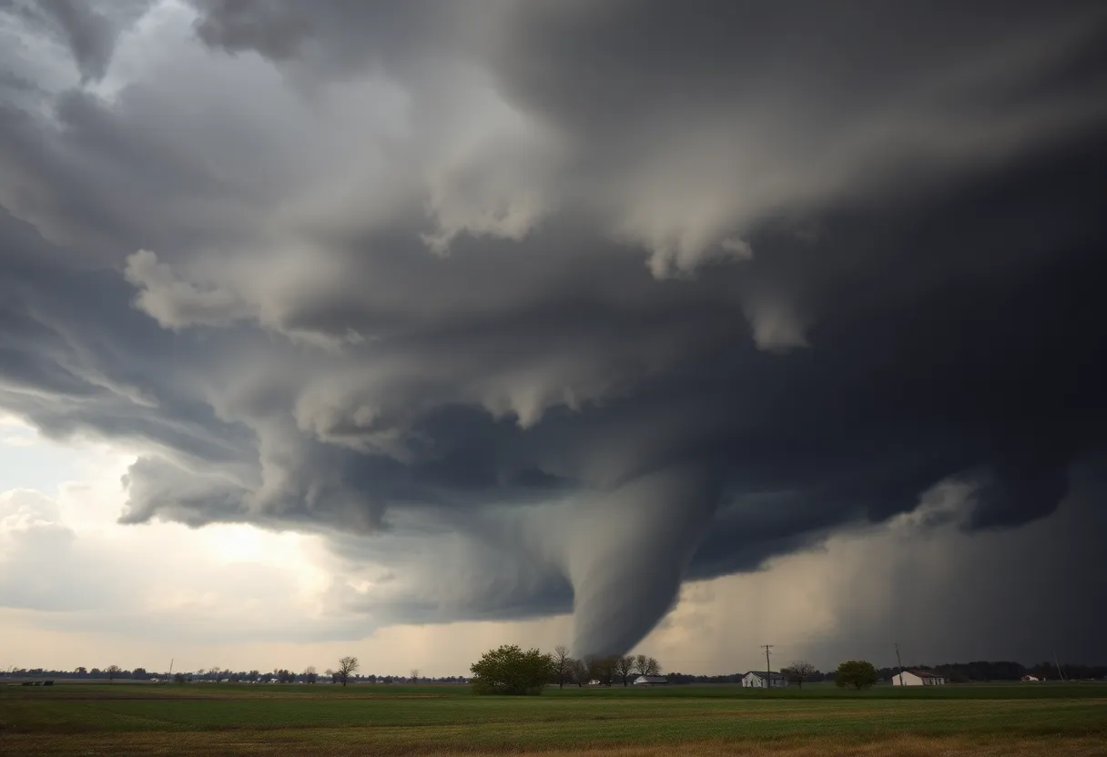 Severe storm with tornado in a rural area