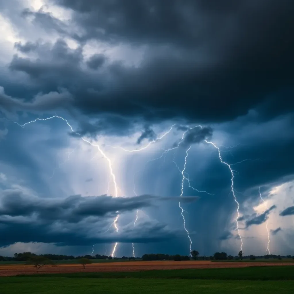 Dramatic stormy sky with lightning indicating severe weather conditions.