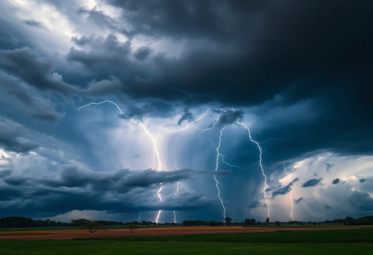 Dramatic stormy sky with lightning indicating severe weather conditions.