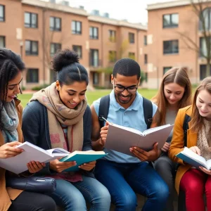 A group of university students representing diversity studying together.