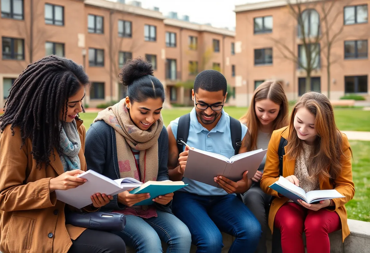 A group of university students representing diversity studying together.