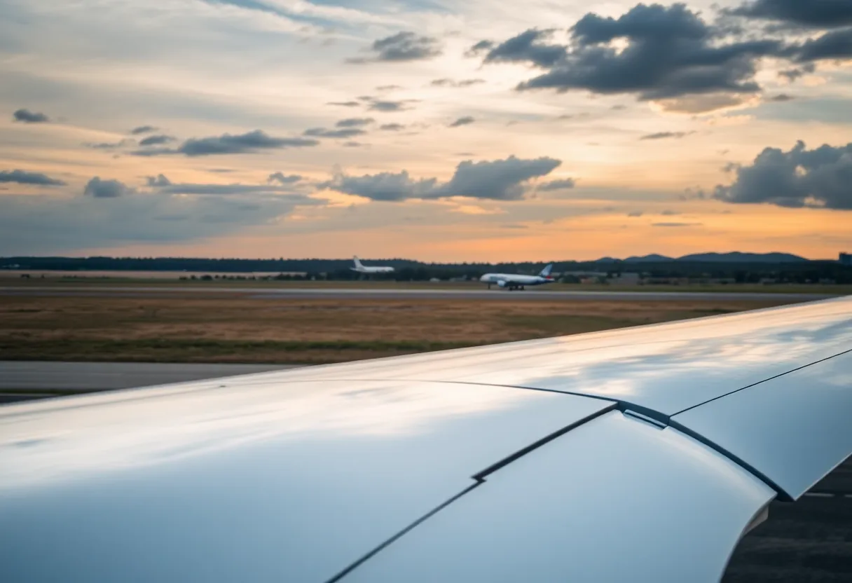 A tranquil aerial view of an airport and surroundings symbolizing aviation safety.