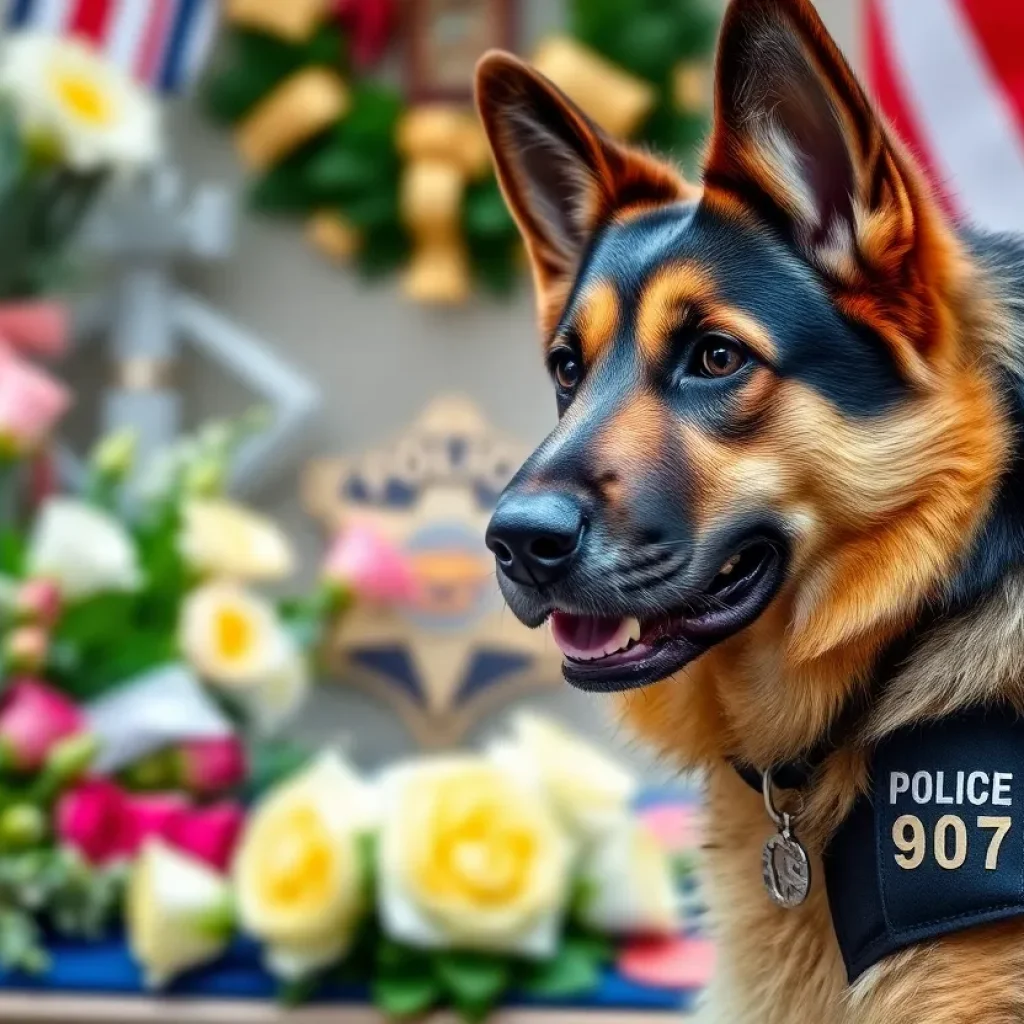 Memorial for K9 Officer Coba, featuring flowers and police insignia.